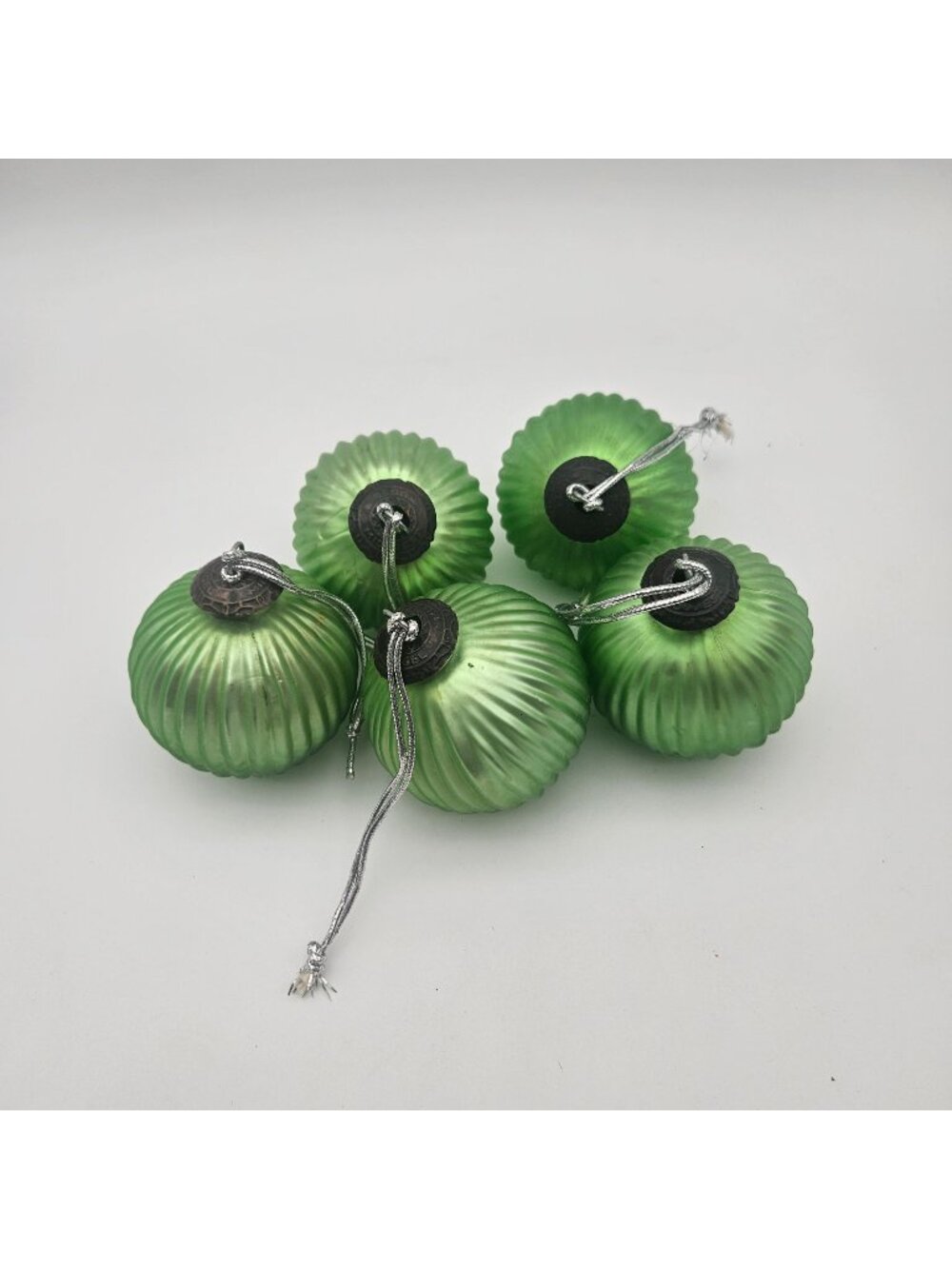 Midwest Kugel Iridescent Lime Green Ribbed Glass 3" Ornaments Lot of 5